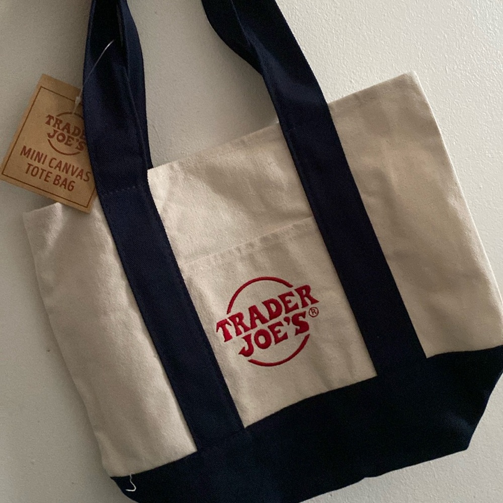 Mini trador joes tote in navy handle